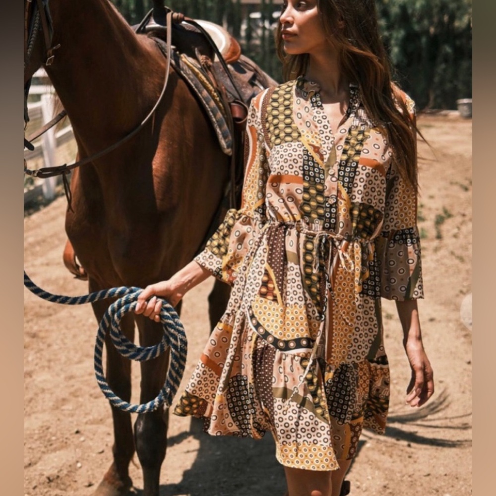 Boho Border Print Ruffle Fall Colors Tiered Lined Dress w/Drawstring Sz M/L NWOT